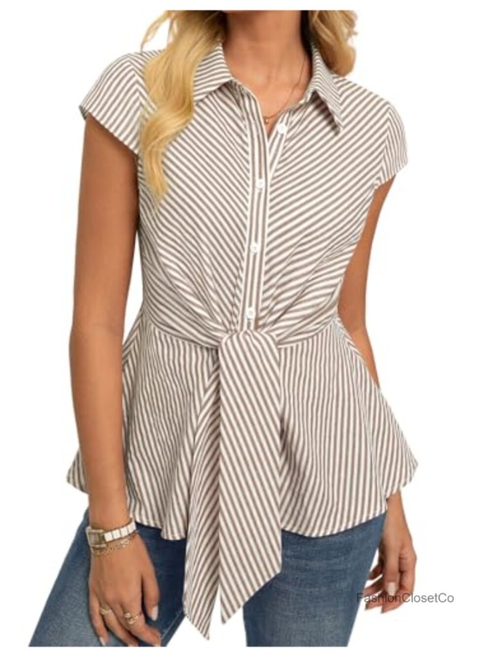 Striped Peplum Button Down Shirt Women Short Sleeve Tie Front Work Cotton Blouse